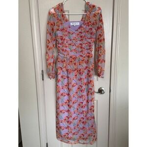 BURU Floral Ruched Peplum Midi Dress Lavender‎ Orange Tulip Metallic XS pb1